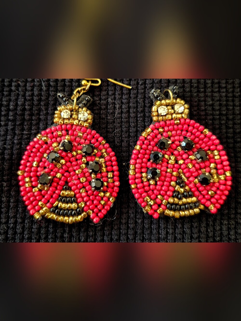Handcrafted Beaded Ladybug Statement Earrings French Wire Hooks 1.5” Long